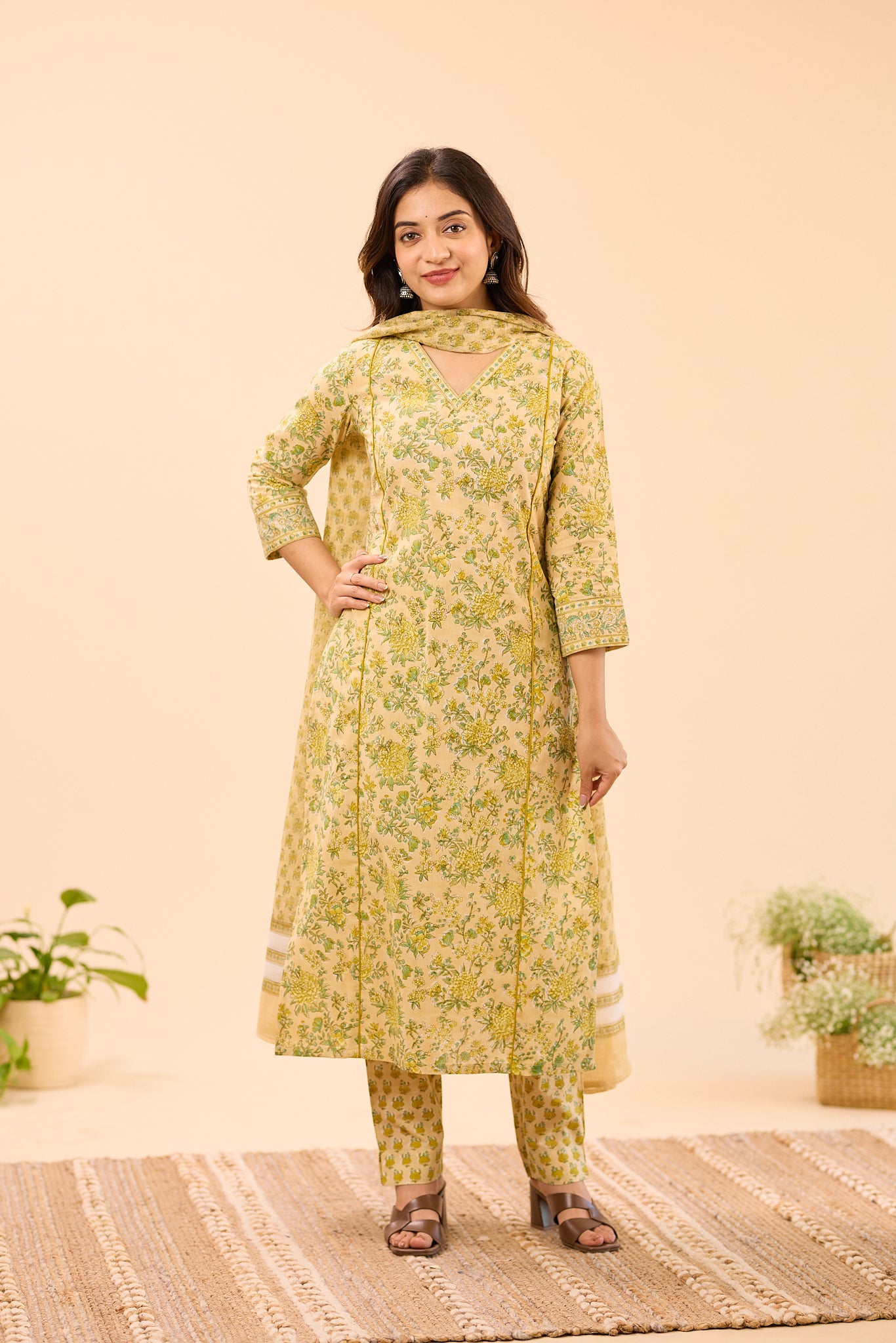 Creamy Half- White with Green Floral Printed Cotton Salwar Suit Set