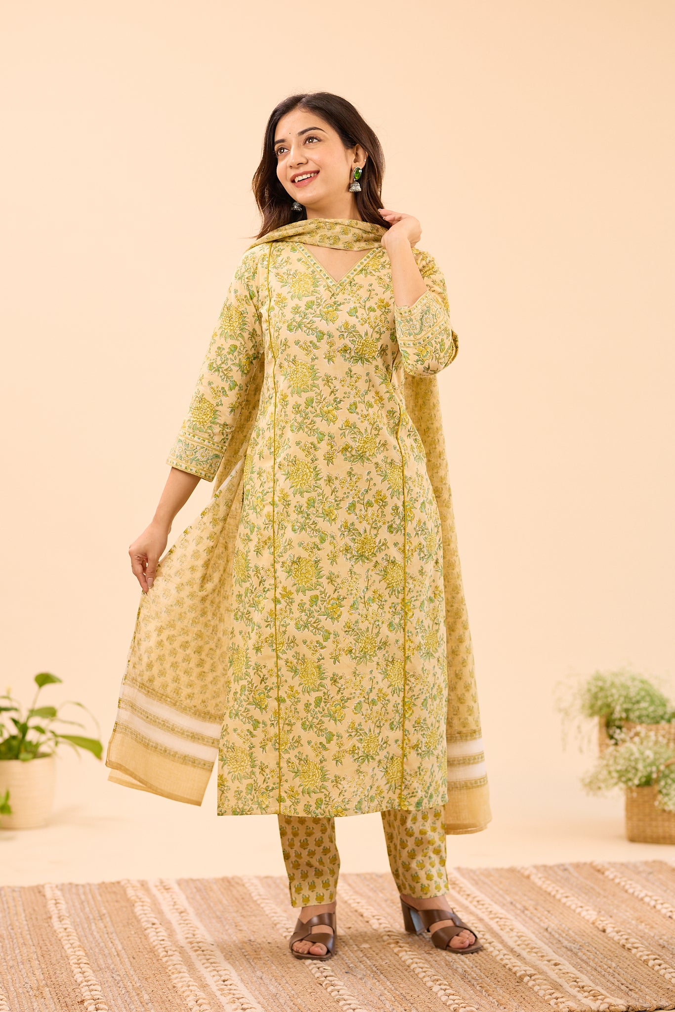 Creamy Half- White with Green Floral Printed Kota Dupatta
