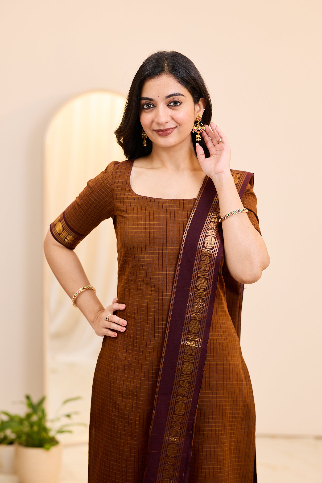 Sparkling Brown Chettinad Cotton Top and Dupatta