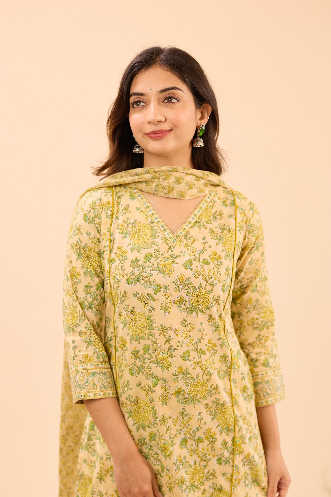 Creamy Half- White with Green Floral Printed Kota Dupatta