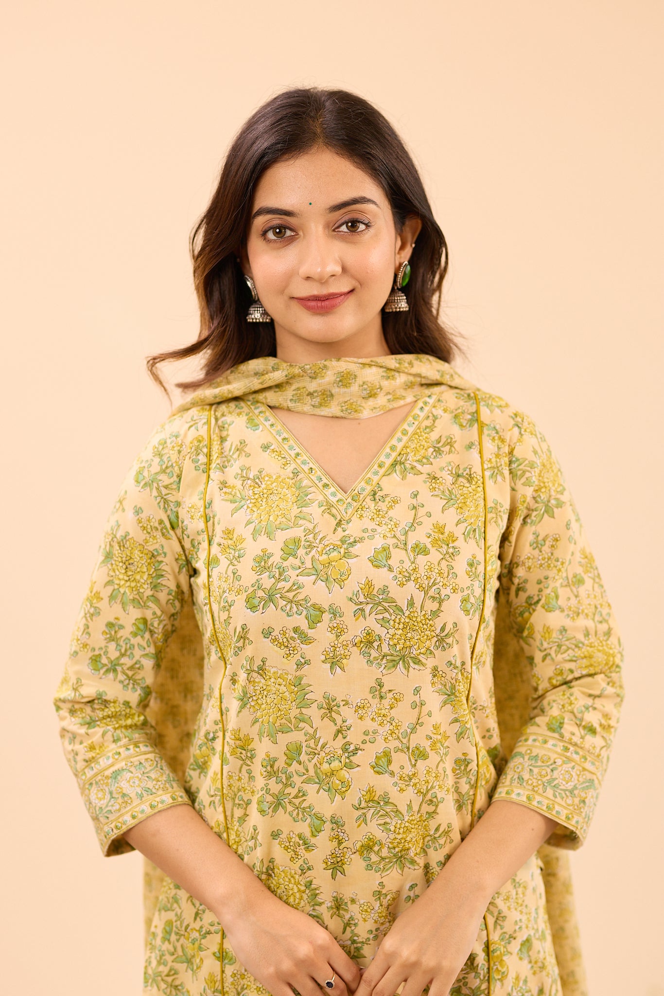 Creamy Half- White with Green Floral Printed Cotton Salwar Suit Set