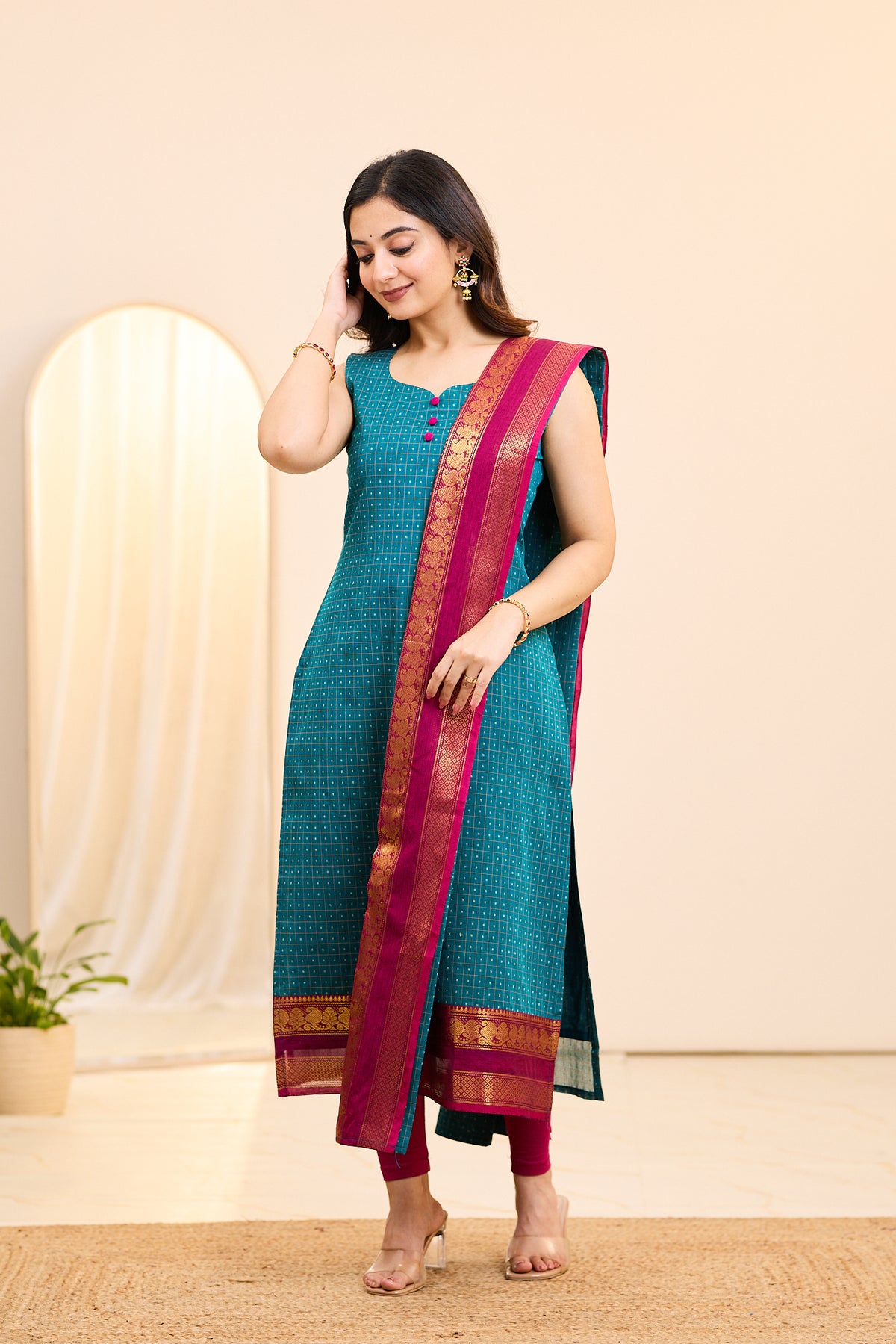 Oceanic Blue Chettinad Cotton Top and Dupatta
