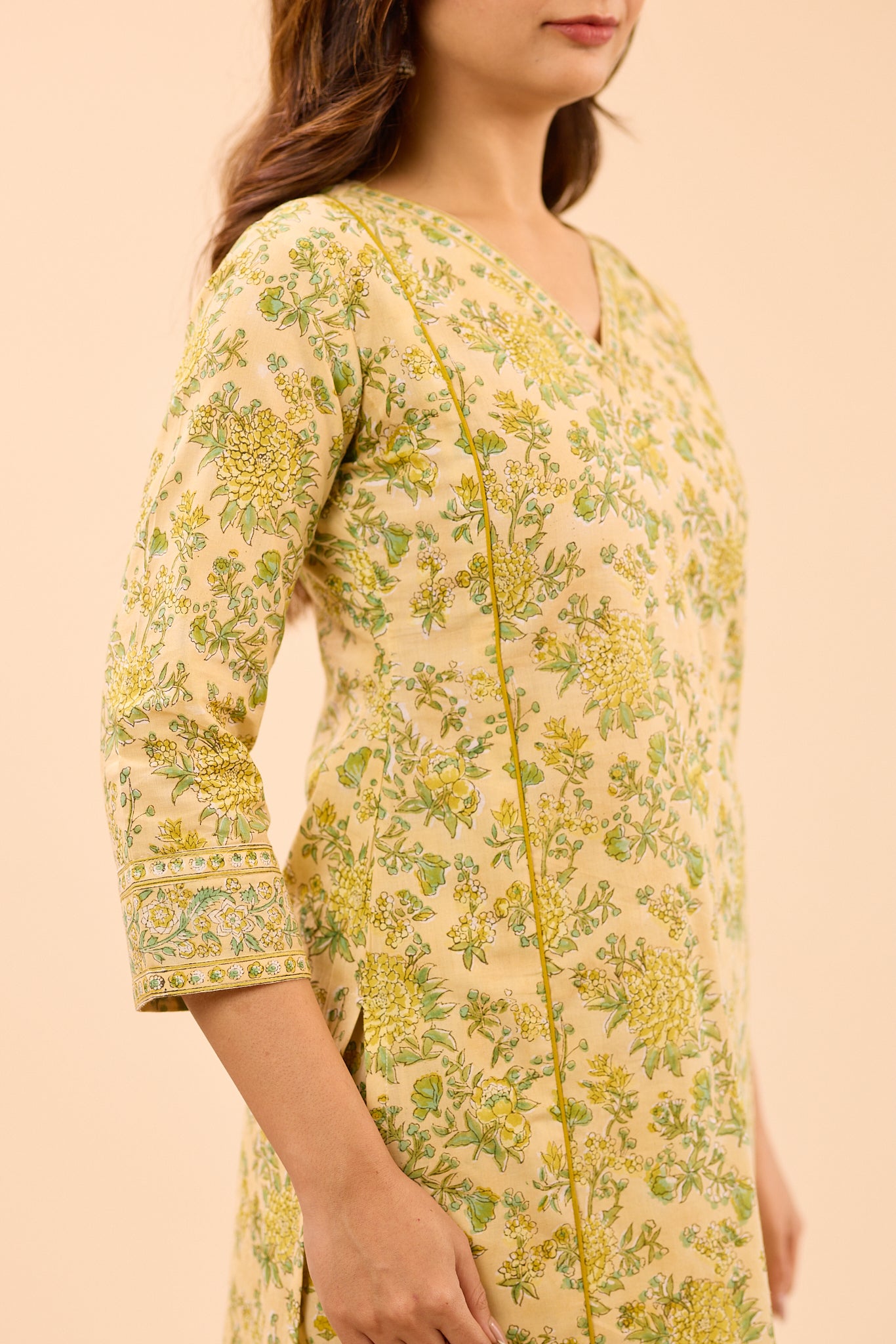 Creamy Half- White with Green Floral Printed Cotton Salwar Suit Set