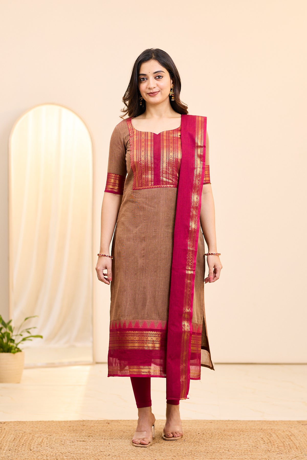Brown and Pink Chettinad Cotton Top and Dupatta