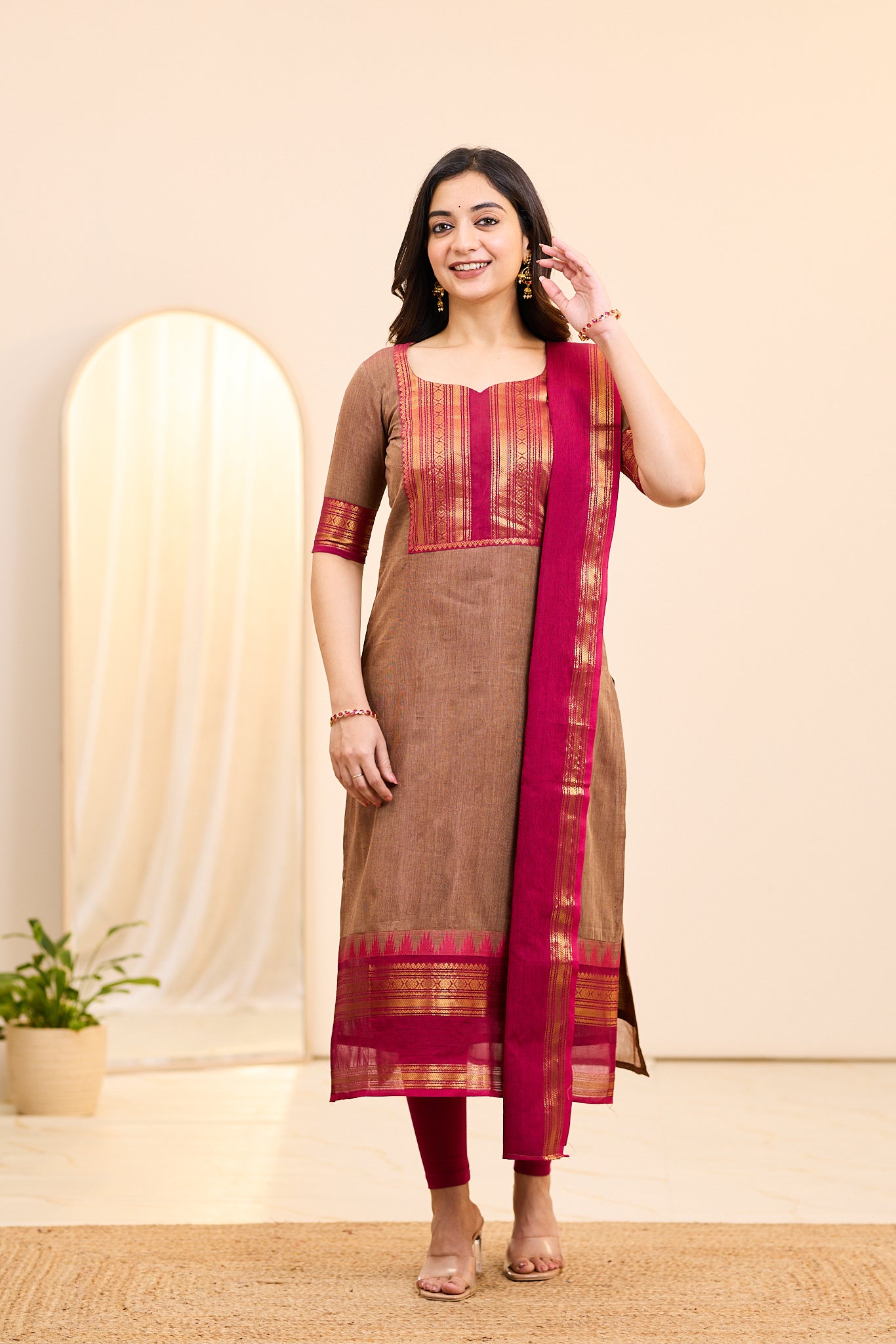 Brown and Pink Chettinad Cotton Top and Dupatta