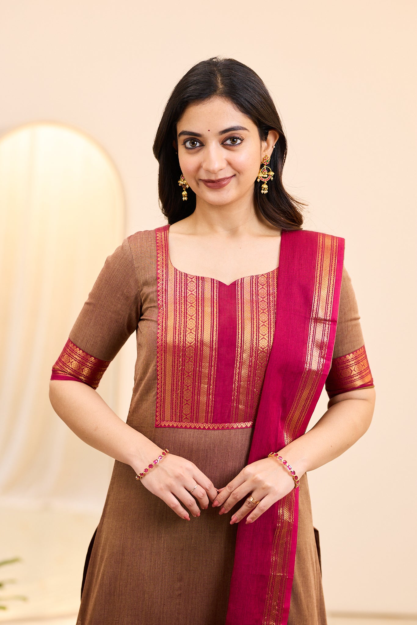 Brown and Pink Chettinad Cotton Top and Dupatta