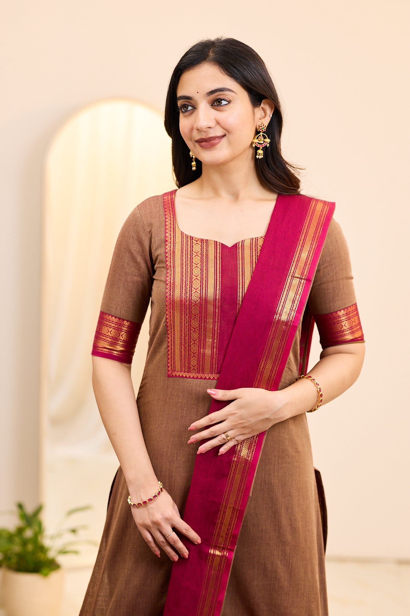 Brown and Pink Chettinad Cotton Top and Dupatta