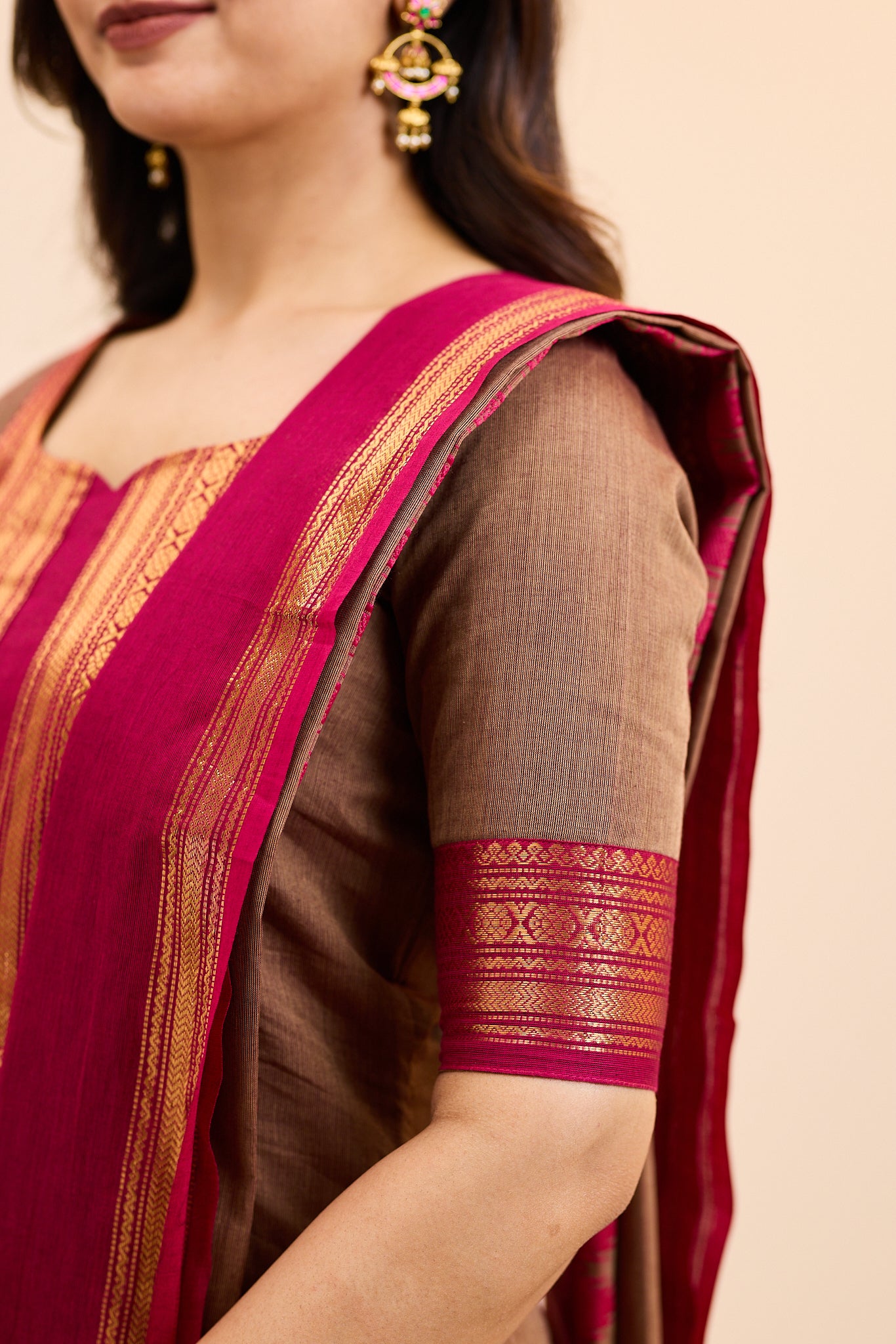Brown and Pink Chettinad Cotton Top and Dupatta