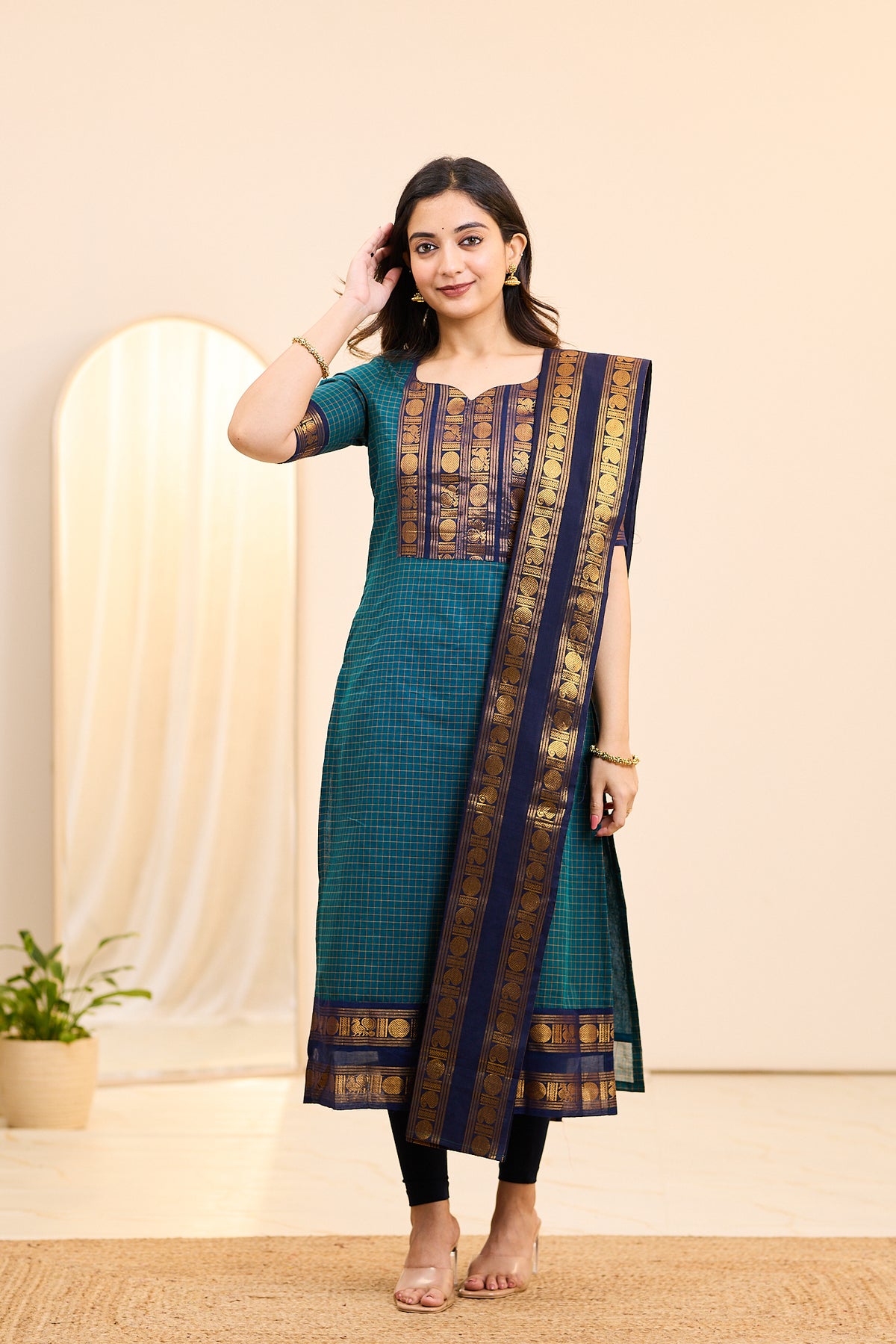 Classic Blue Chettinad Cotton Top and Dupatta
