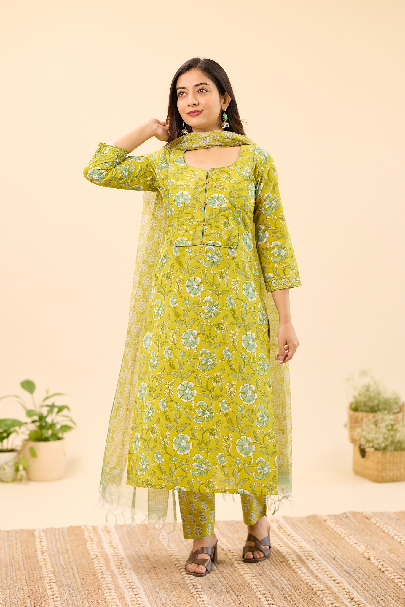 Lime Green Floral Block Printed Cotton Salwar Suit set