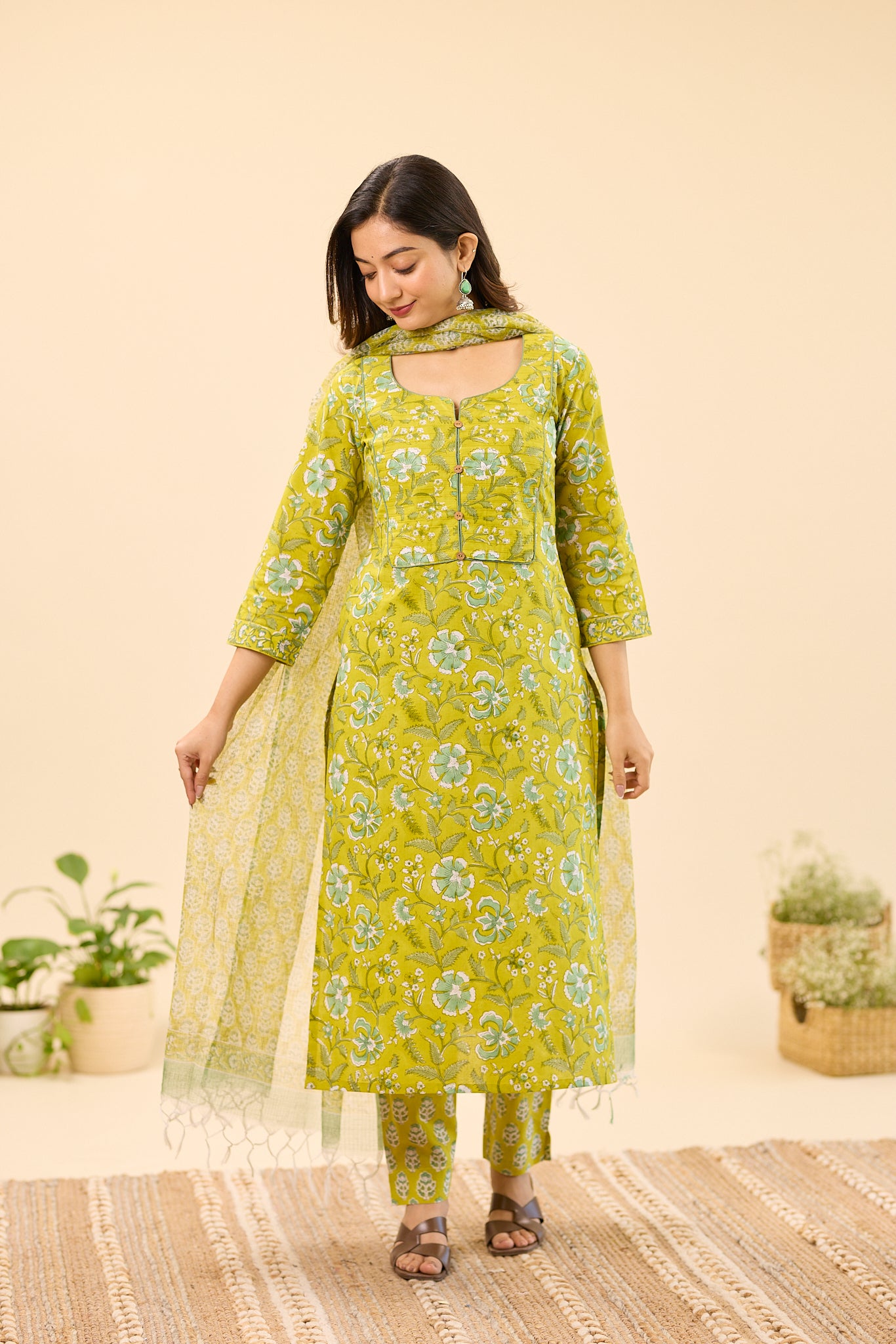 Lime Green Floral Block Printed Cotton Salwar Suit set