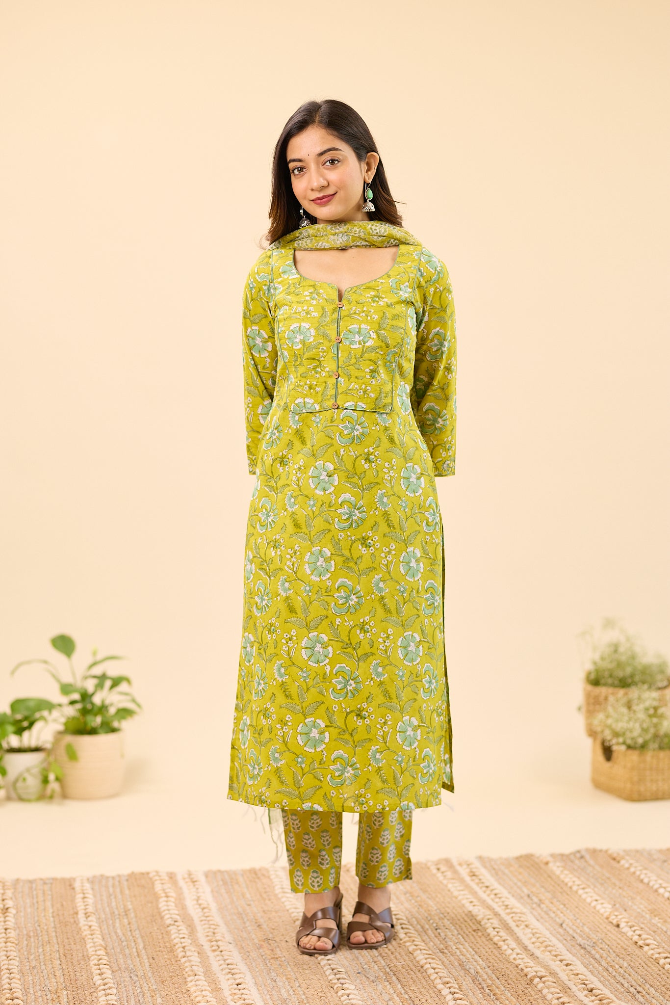 Lime Green Floral Block Printed Cotton Salwar Suit set