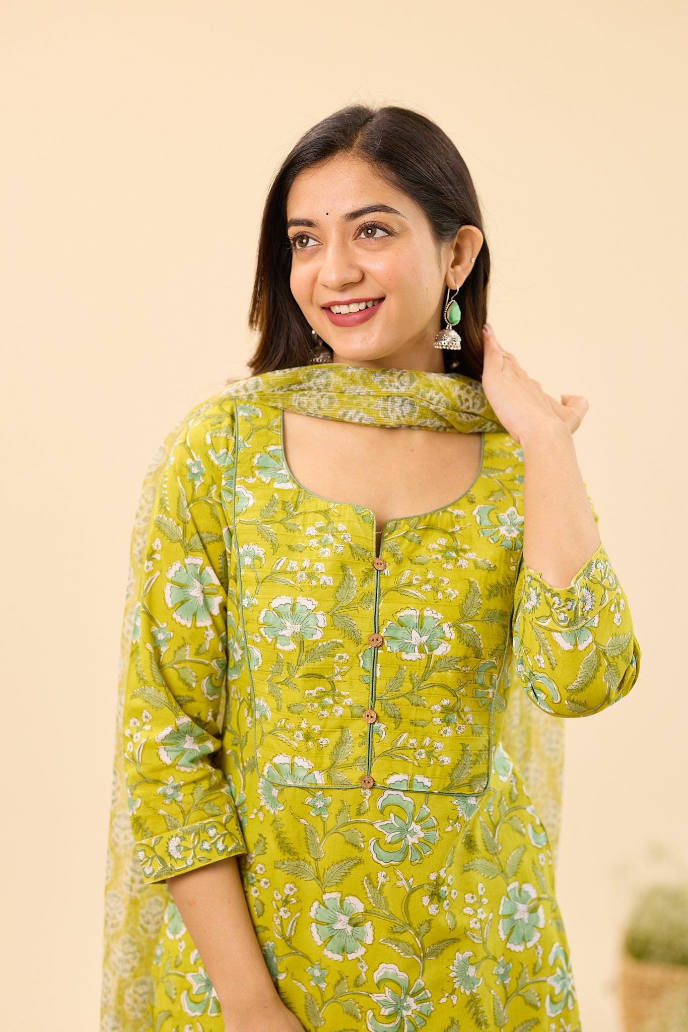 Lime Green Floral Block Printed Cotton Salwar Suit set