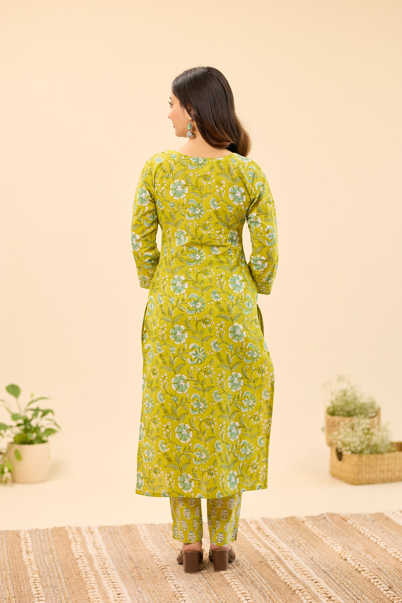 Lime Green Floral Block Printed Cotton Salwar Suit set