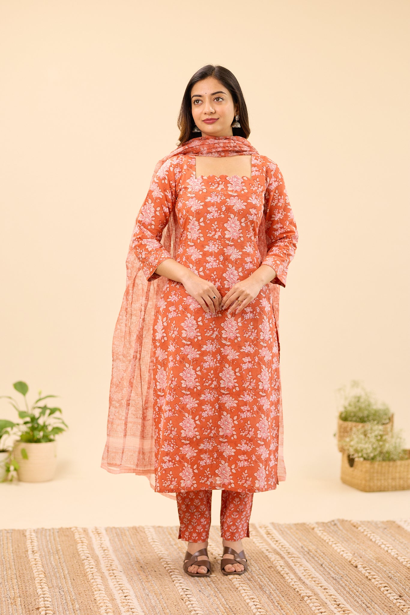 Rust Orange with Blush Pink Floral Hand block Printed Cotton Salwar Suit Set