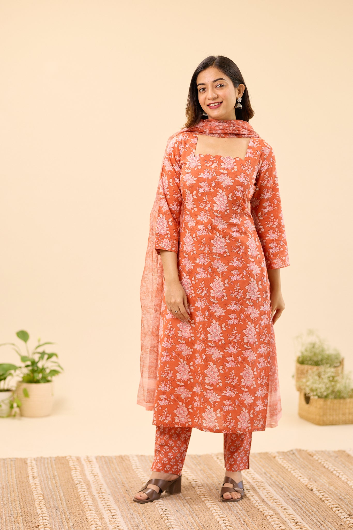Rust Orange with Blush Pink Floral Hand block Printed Cotton Salwar Suit Set