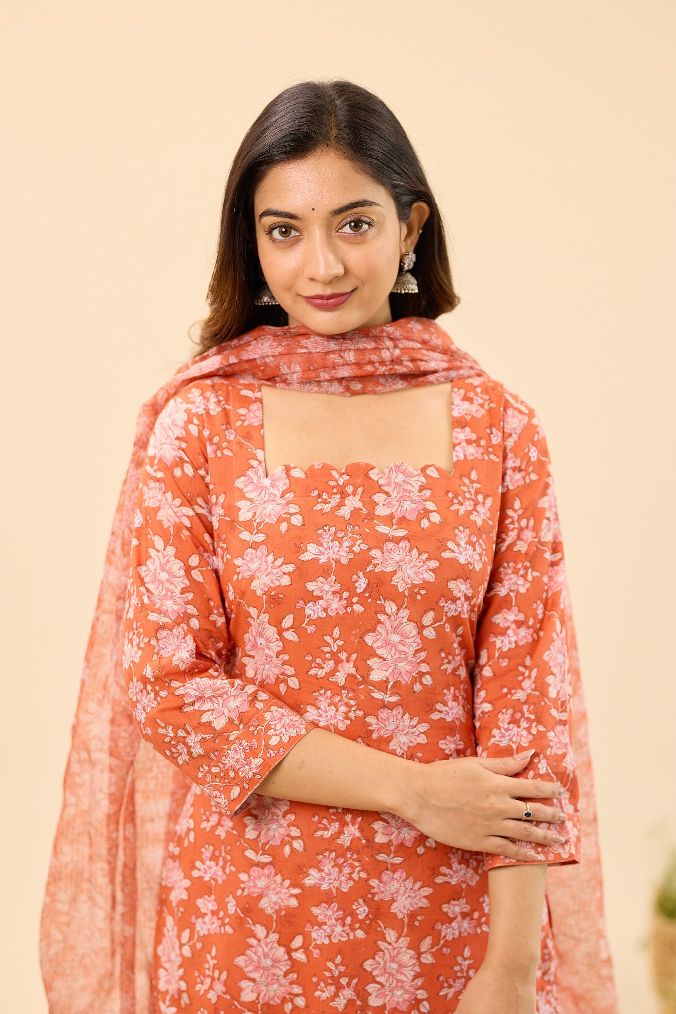 Rust Orange with Blush Pink Floral Hand block Printed Cotton Salwar Suit Set