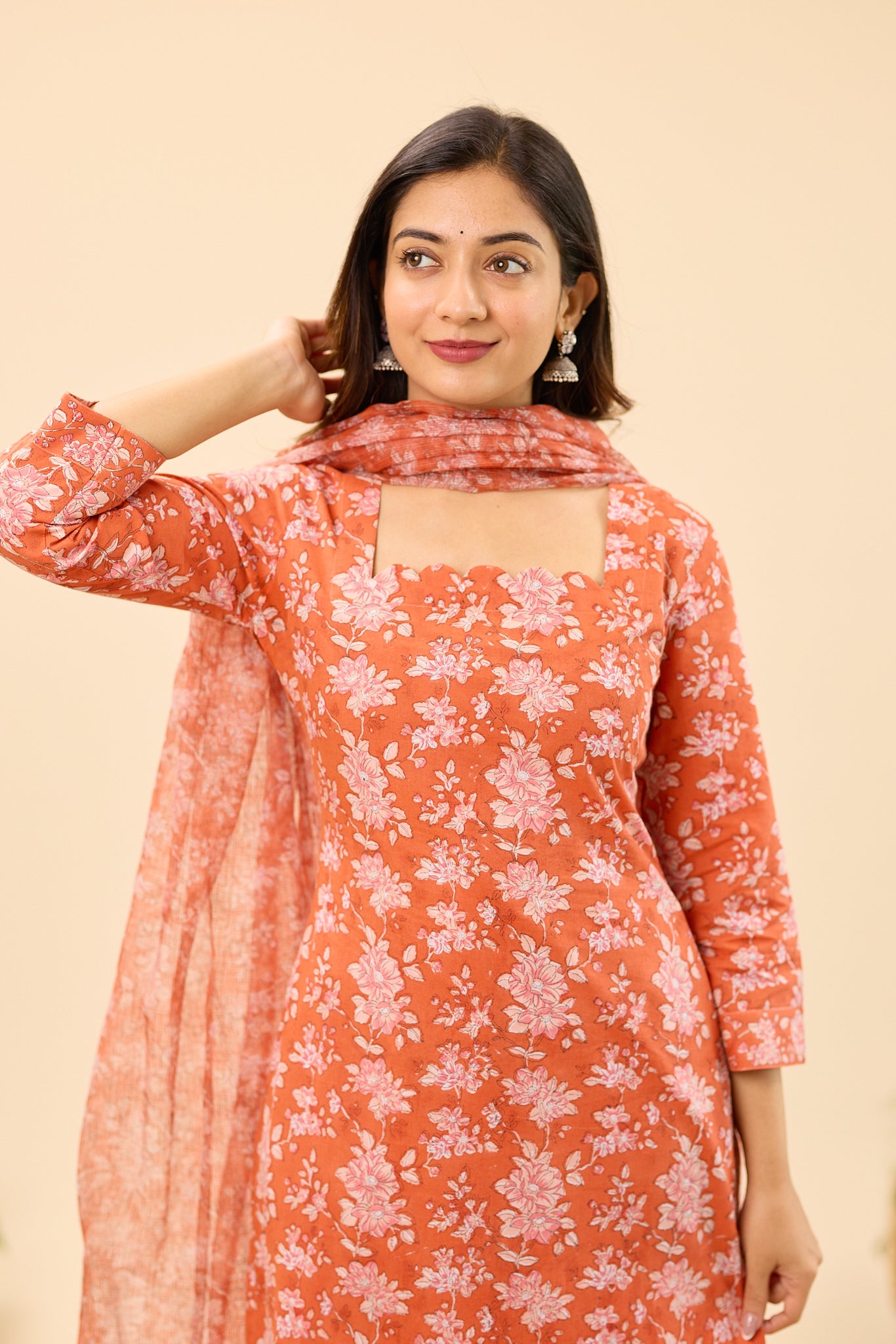Rust Orange with Blush Pink Floral Hand block Printed Kota Dupatta