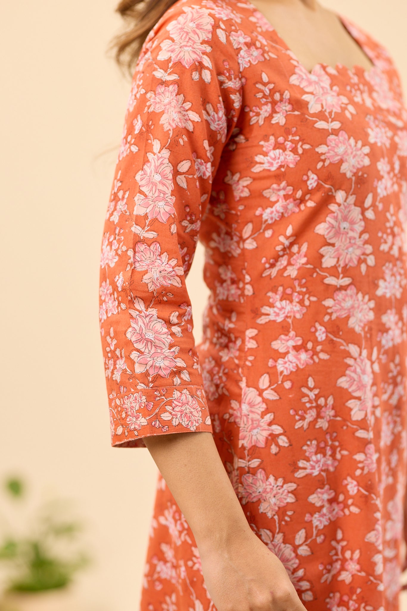 Rust Orange with Blush Pink Floral Hand block Printed Cotton Salwar Suit Set