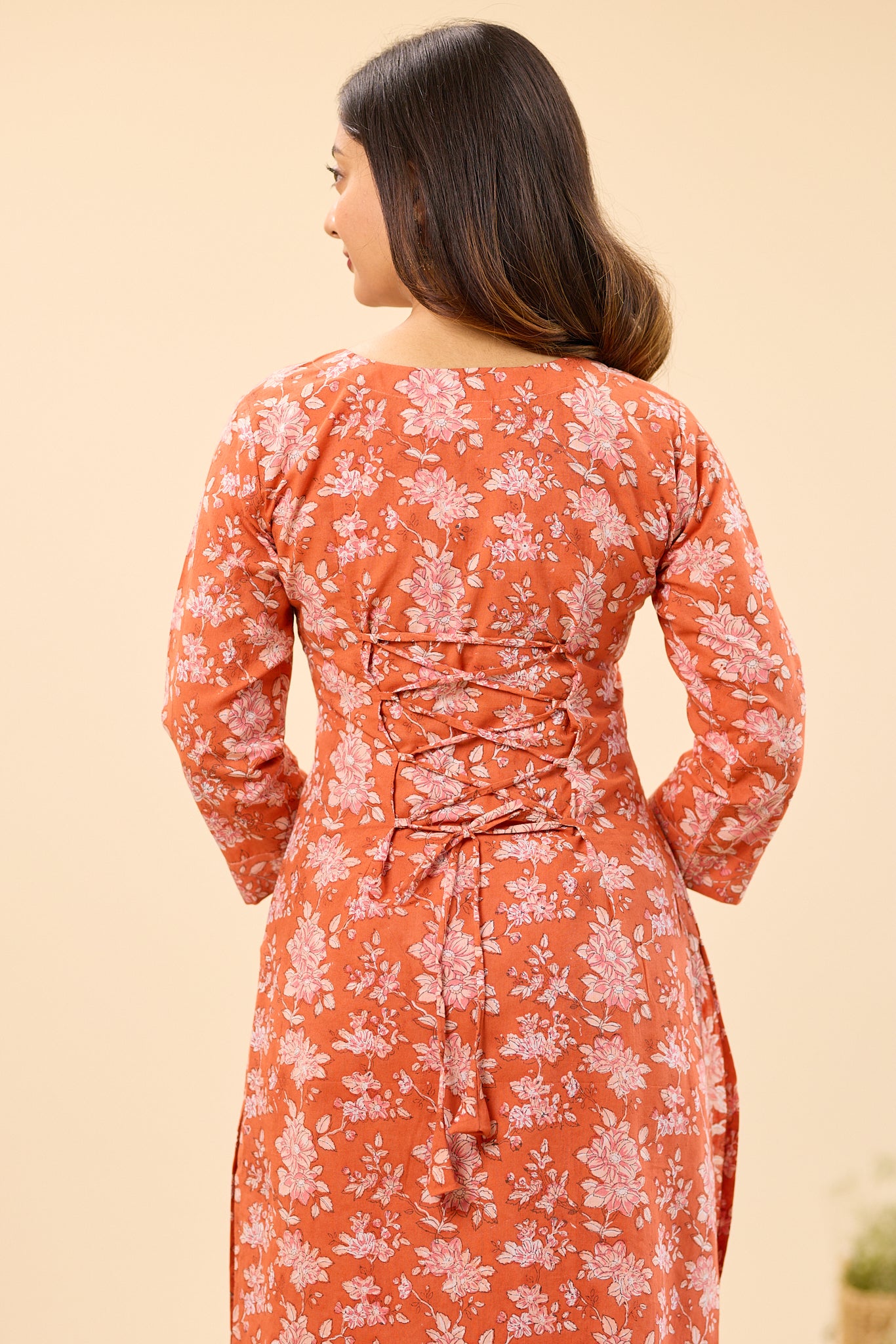Rust Orange with Blush Pink Floral Hand block Printed Cotton Salwar Suit Set