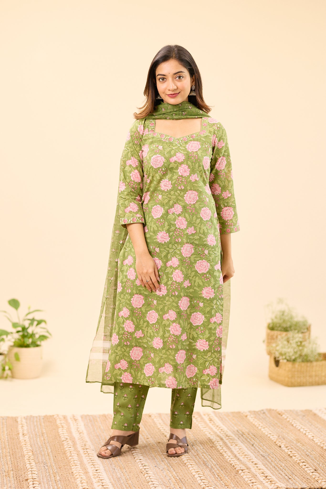 Dusty Olive Green with Pink Floral Printed Cotton Salwar Suit Set