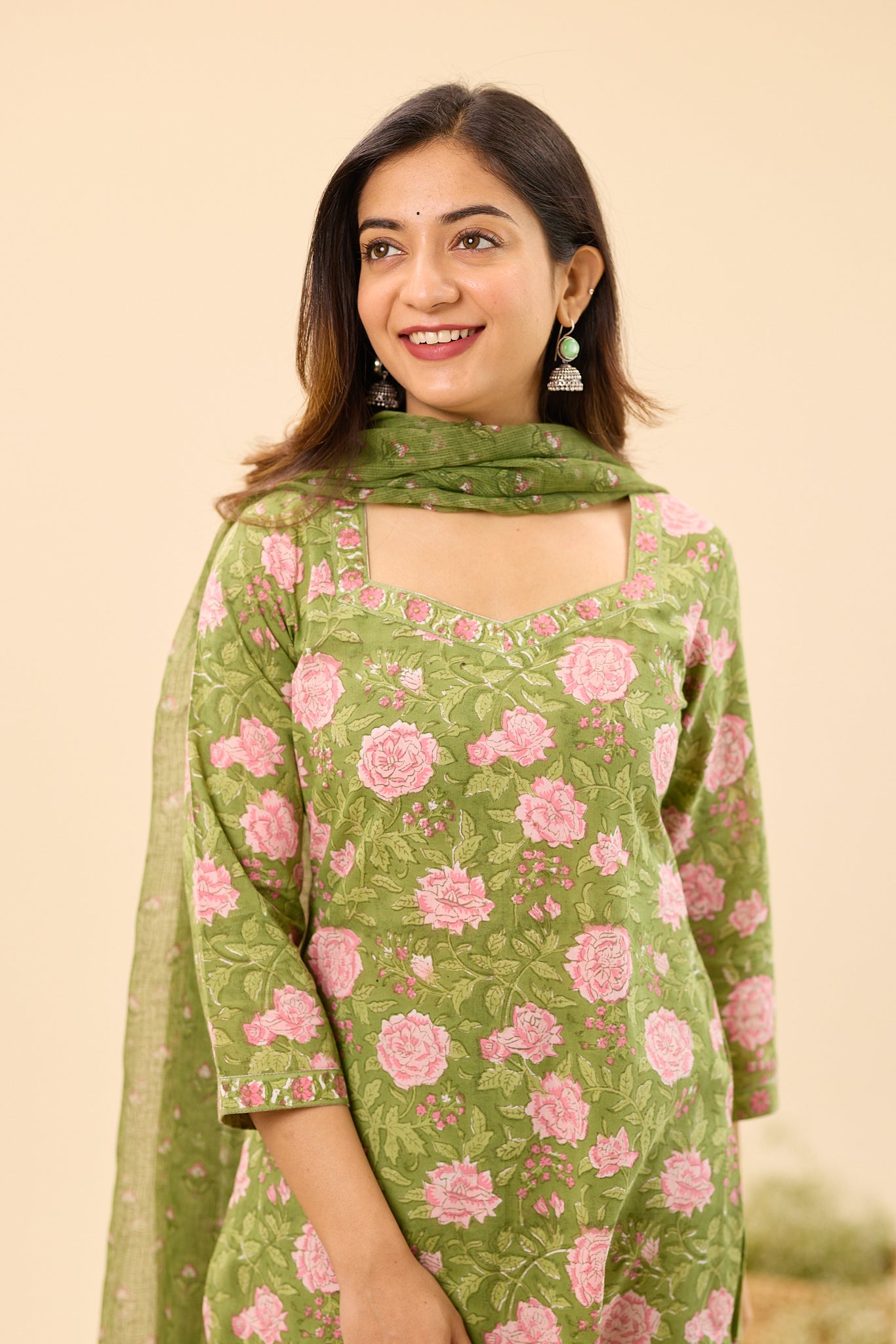 Dusty Olive Green with Pink Floral Printed Cotton Salwar Suit Set