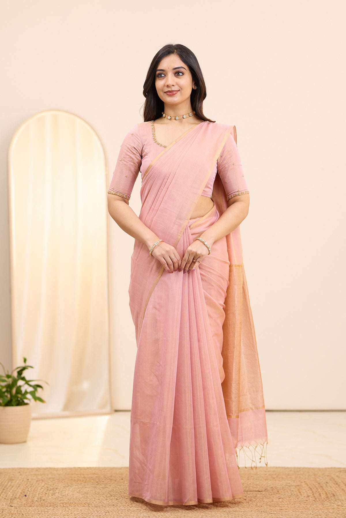 Ballet Pink Maheshwari Tissue Silk Cotton Saree