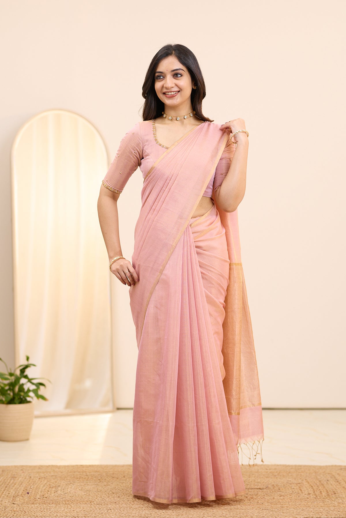 Ballet Pink Maheshwari Tissue Silk Cotton Saree