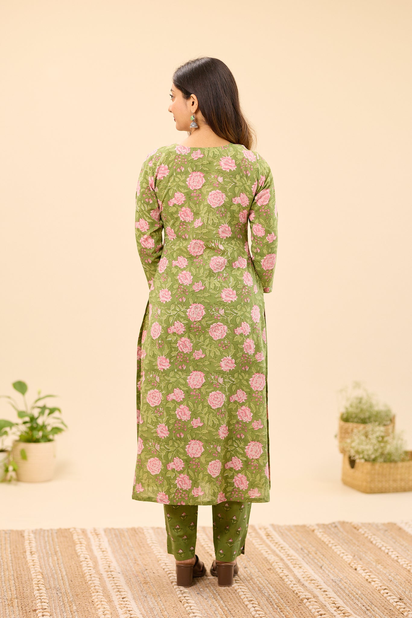 Dusty Olive Green with Pink Floral Printed Cotton Salwar Suit Set
