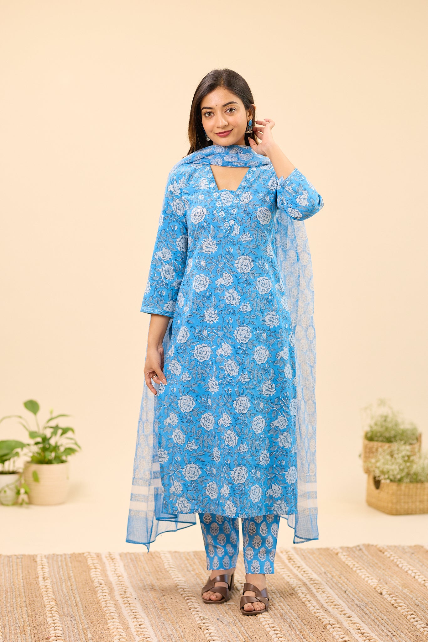 Sky Blue with white Floral Hand Block Printed Cotton Salwar Suit Set