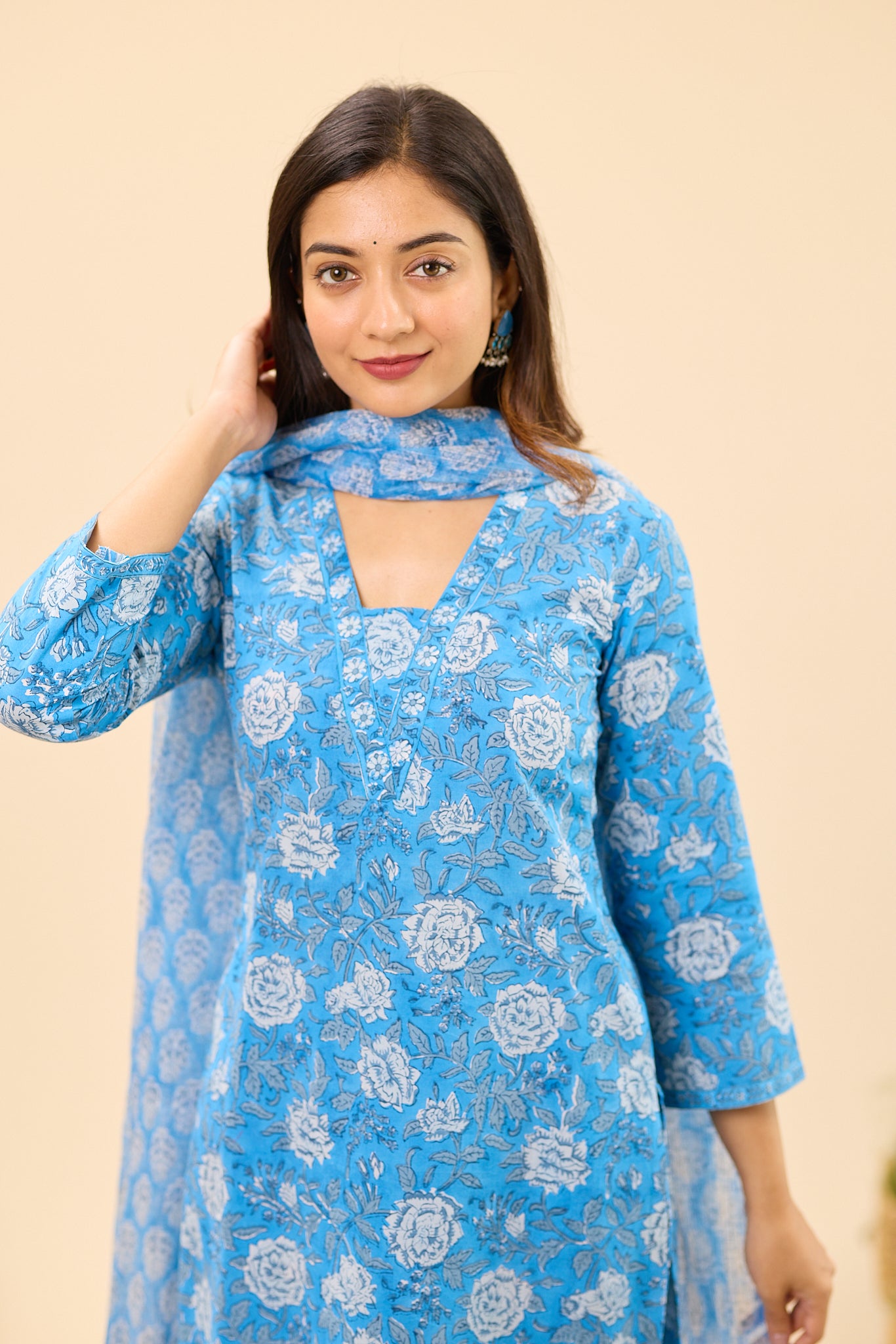 Sky Blue with white Floral Hand Block Printed Cotton Salwar Suit Set