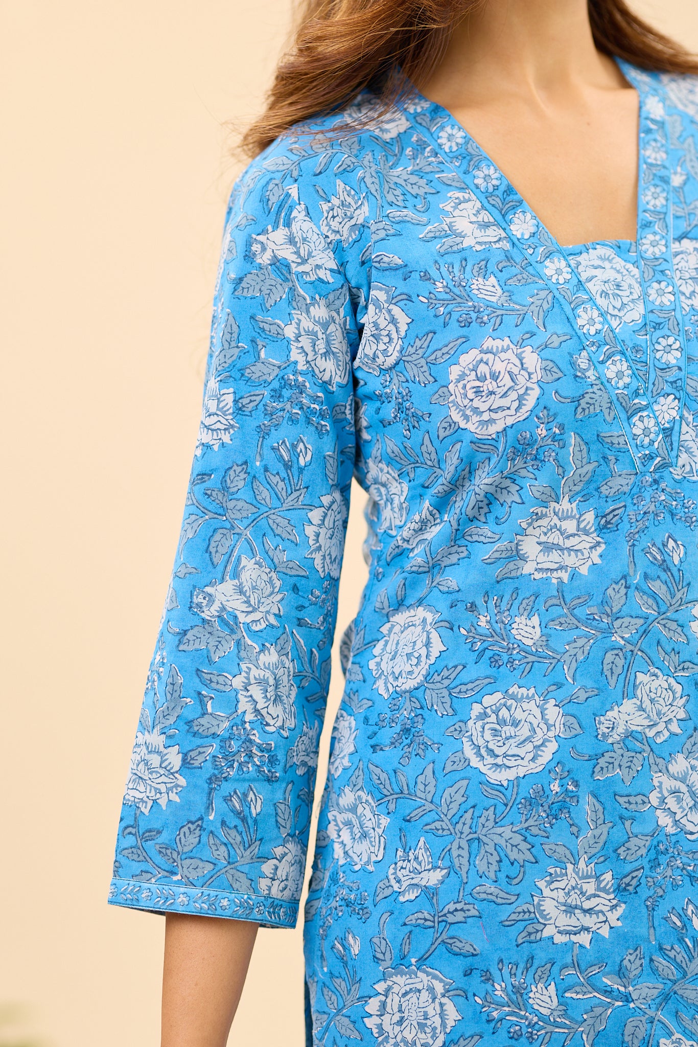 Sky Blue with white Floral Hand Block Printed Cotton Salwar Suit Set