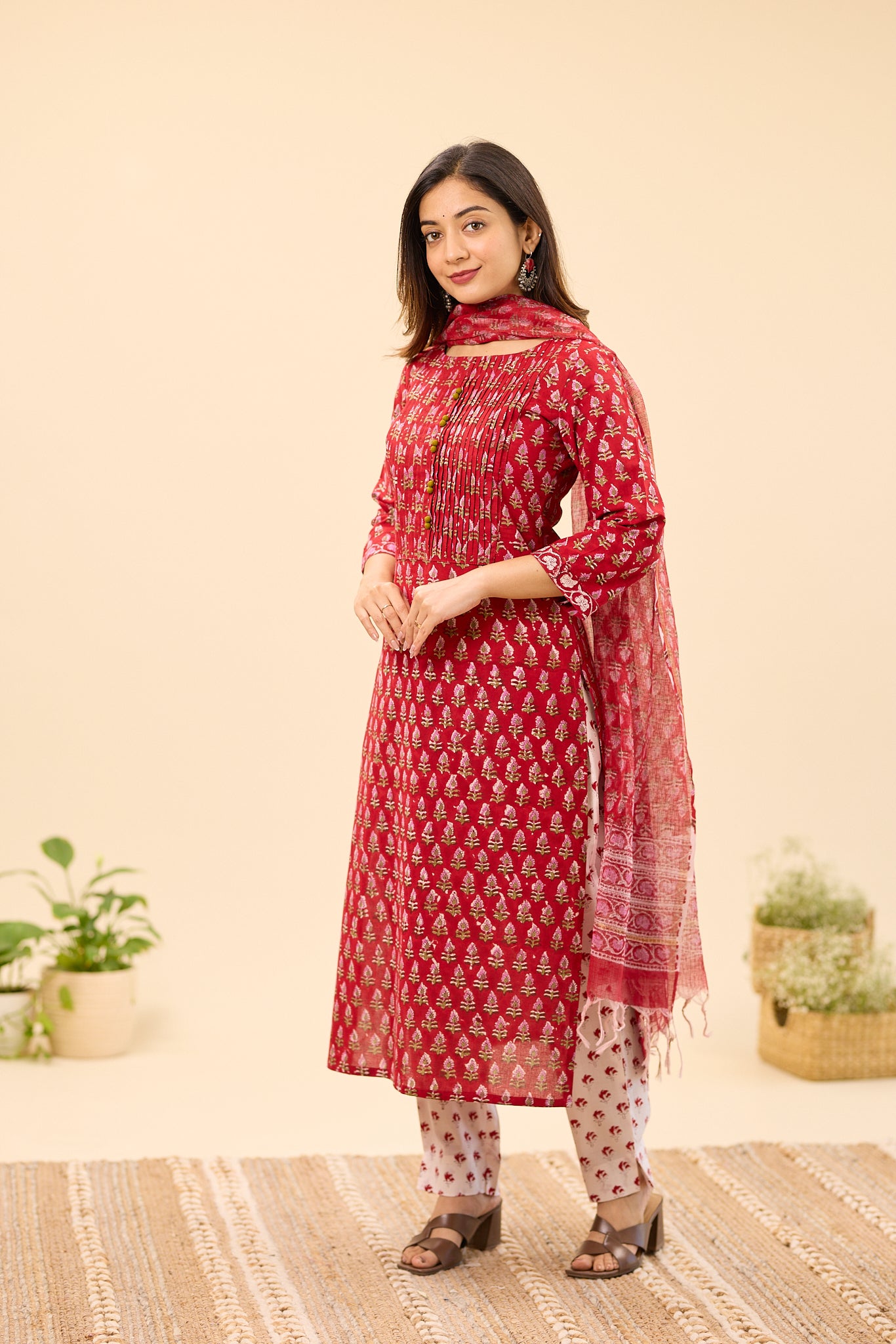 Deep Red Floral Buti Handblock Printed Cotton Salwar Suit Set