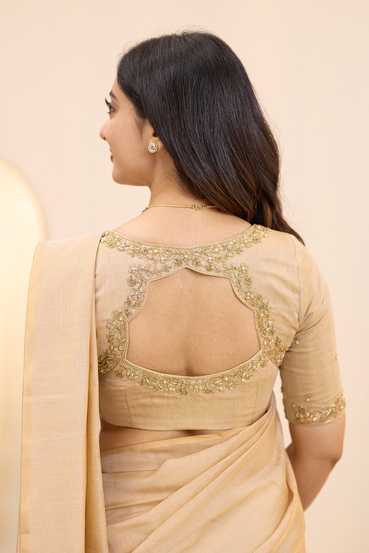 Champagne Glow Maheshwari Tissue Silk Cotton Saree