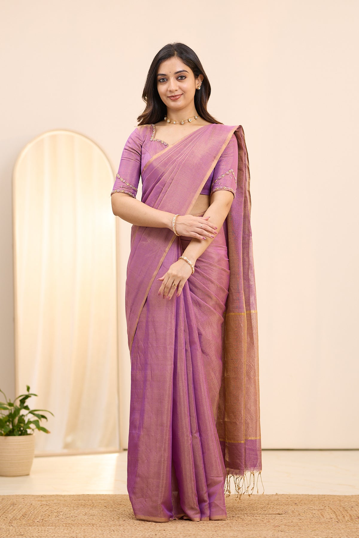 Vintage Mauve Maheshwari Tissue Silk Cotton Saree