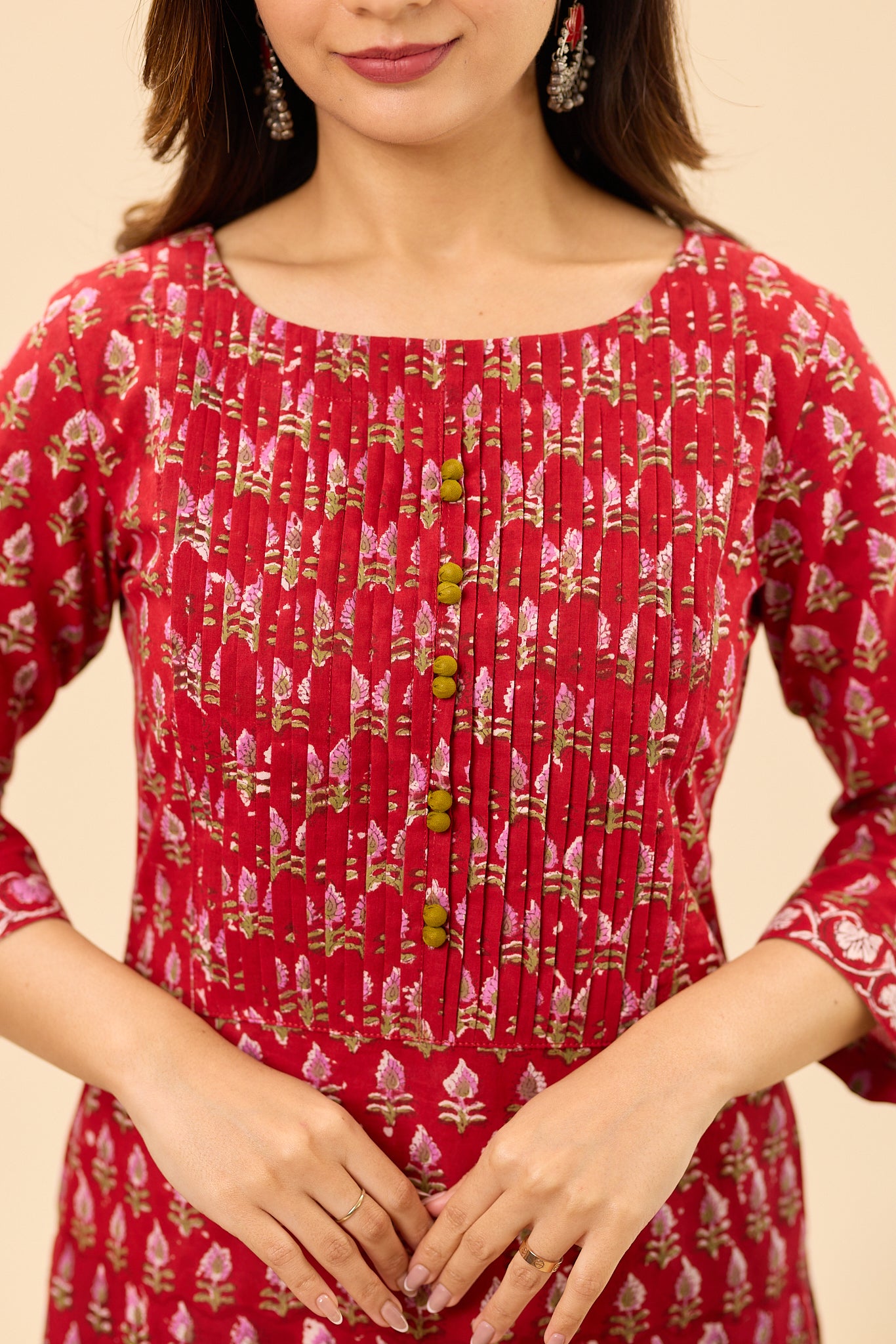 Deep Red Floral Buti Handblock Printed Cotton Salwar Suit Set