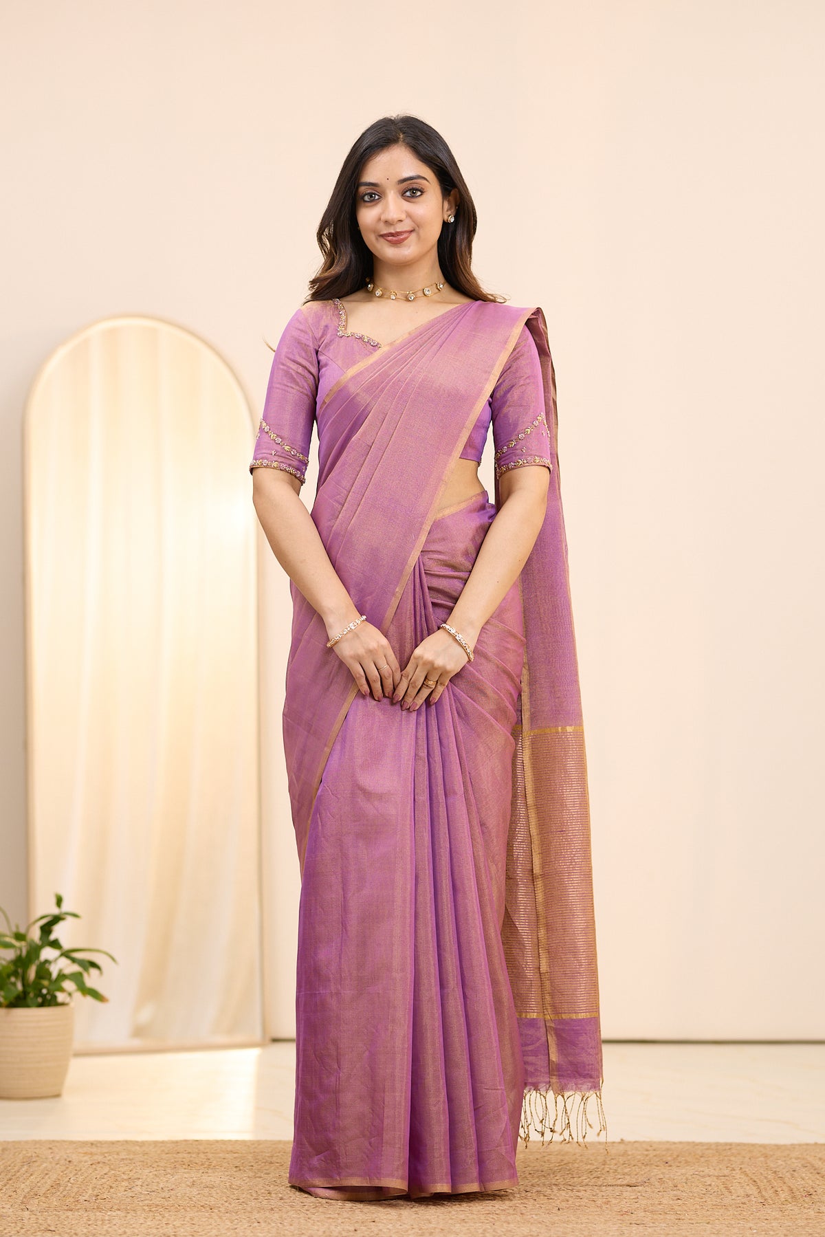 Vintage Mauve Maheshwari Tissue Silk Cotton Saree
