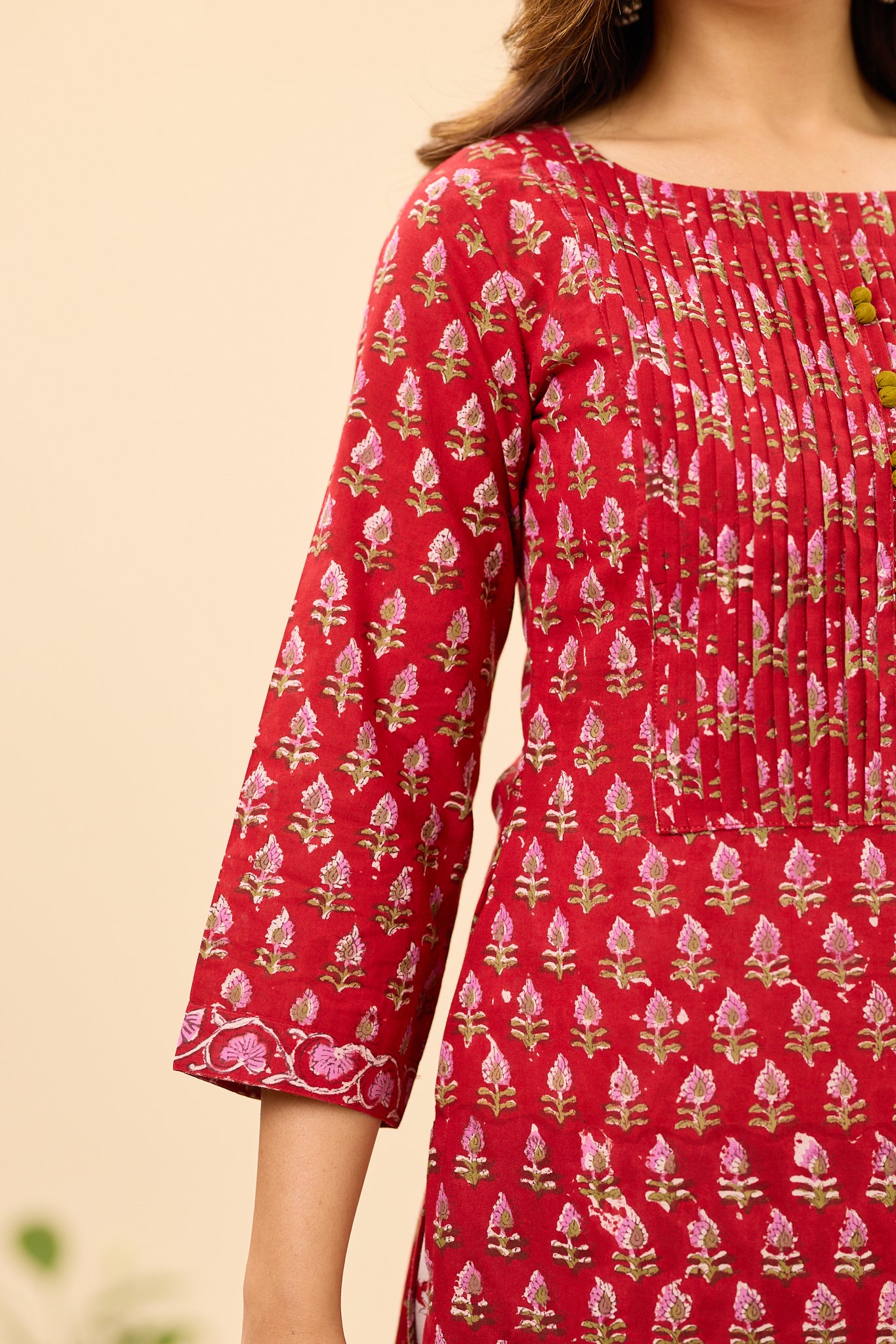 Deep Red Floral Buti Handblock Printed Cotton Salwar Suit Set