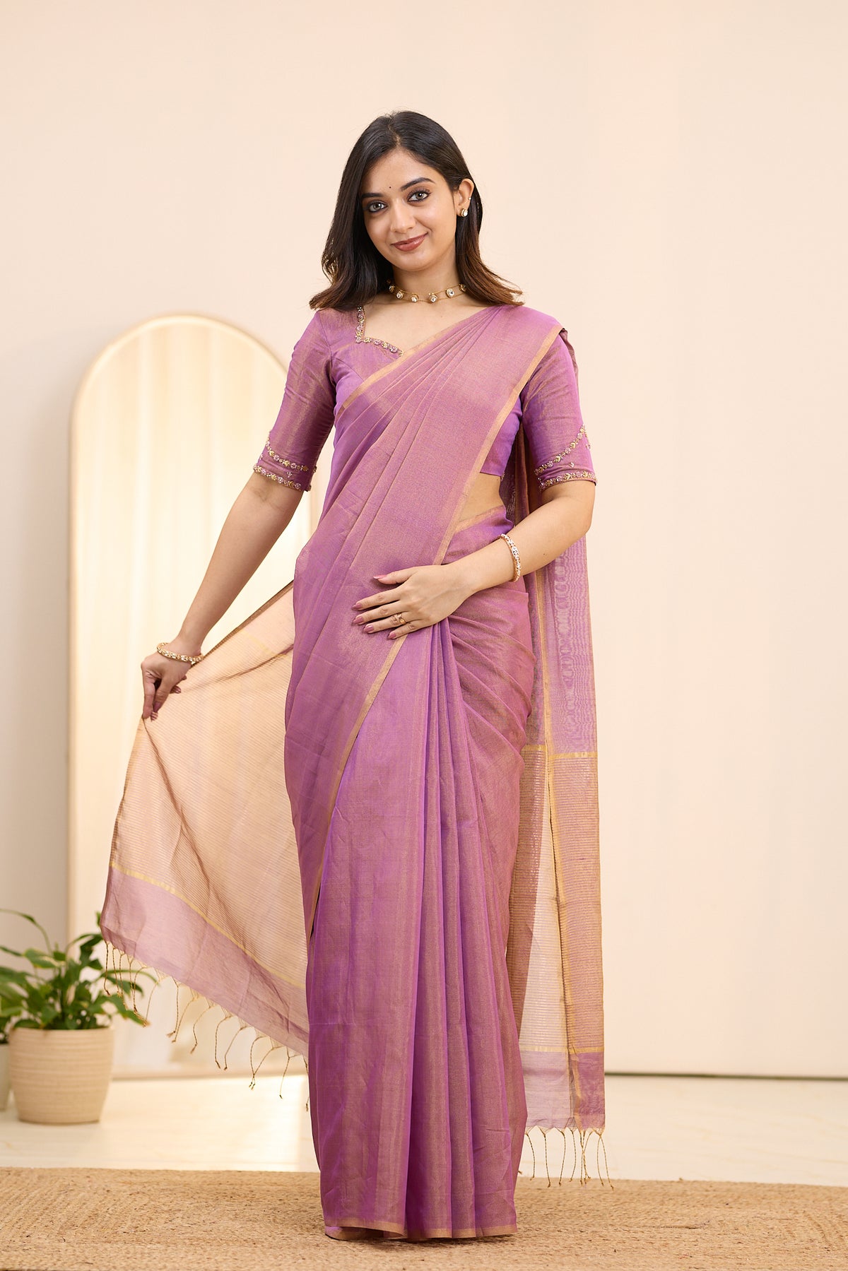 Vintage Mauve Maheshwari Tissue Silk Cotton Saree