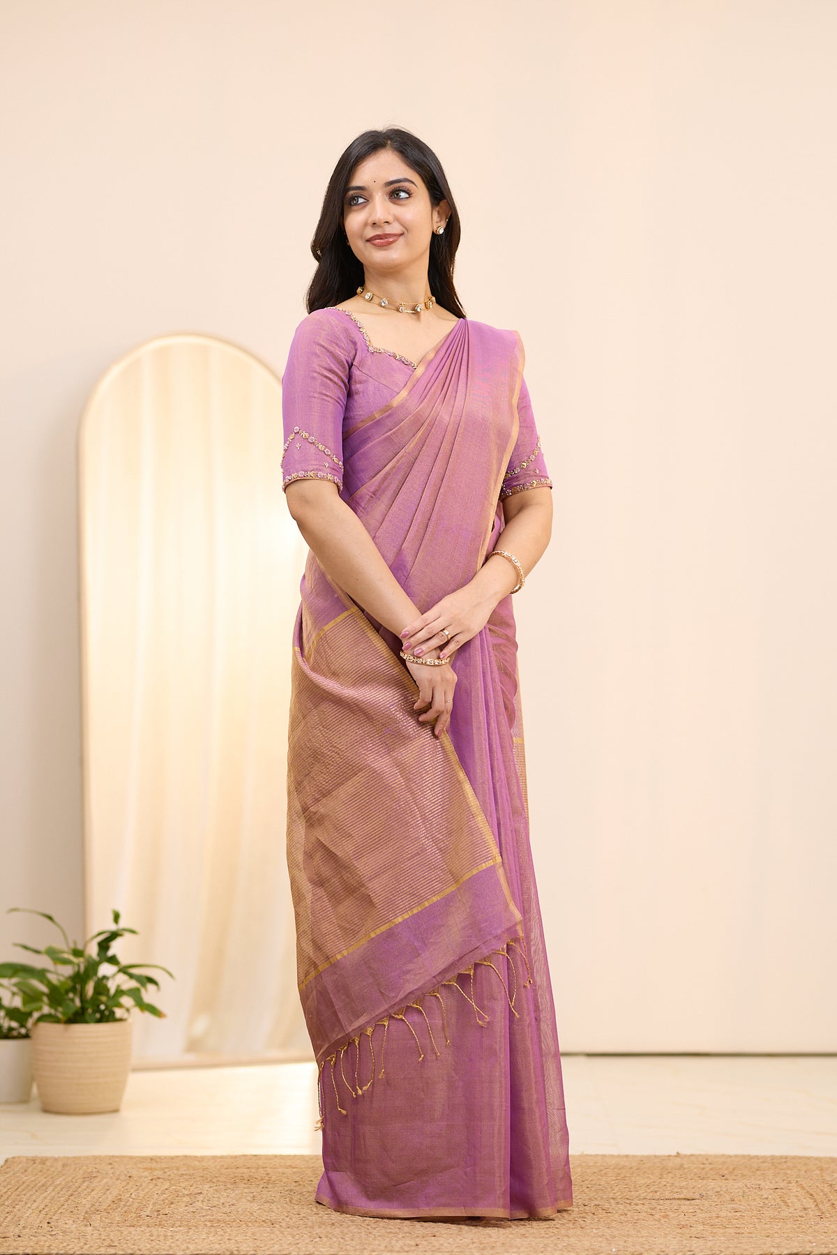 Vintage Mauve Maheshwari Tissue Silk Cotton Saree