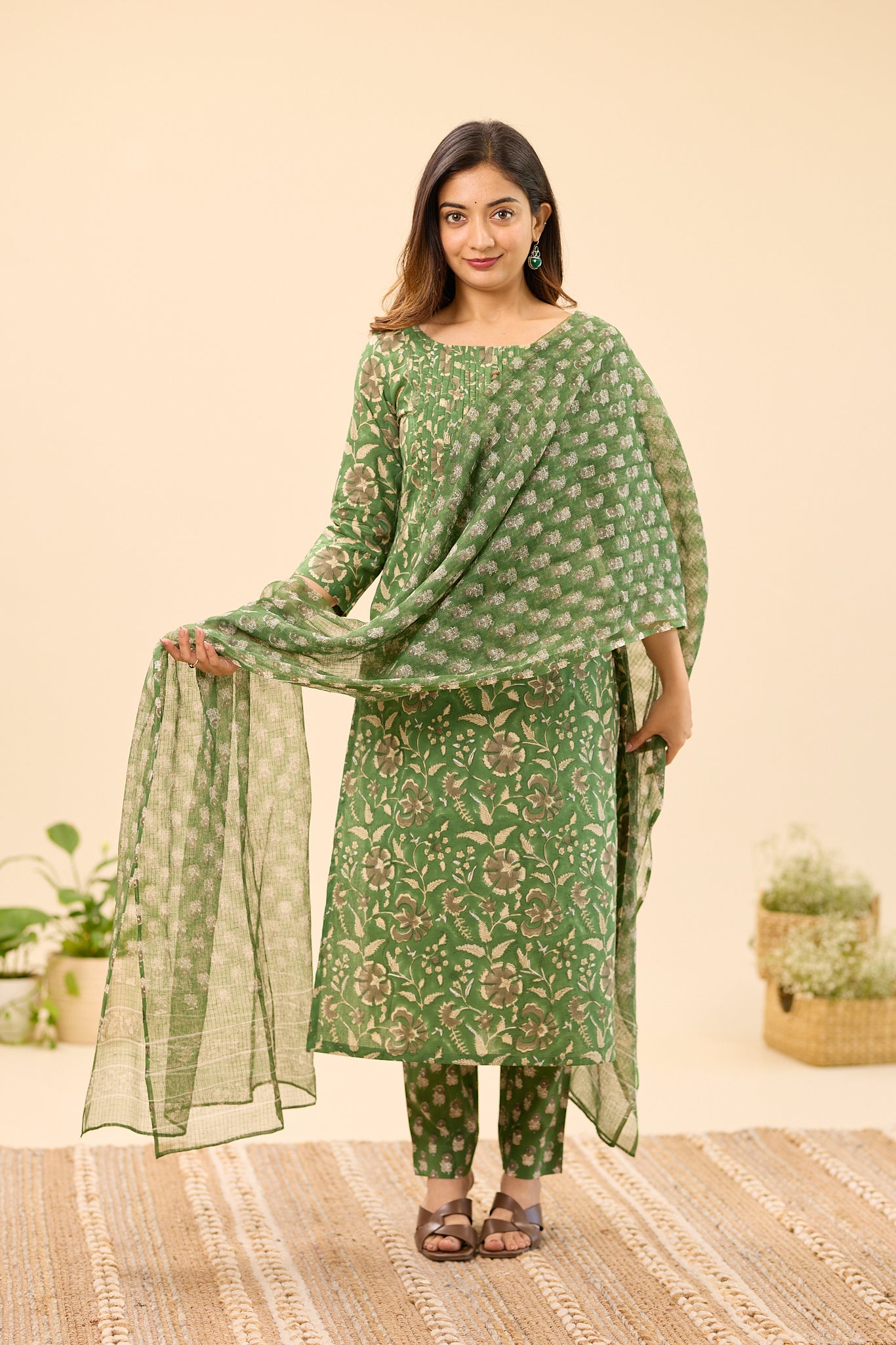 Dusty Green Floral Hand block Printed Kota Dupatta