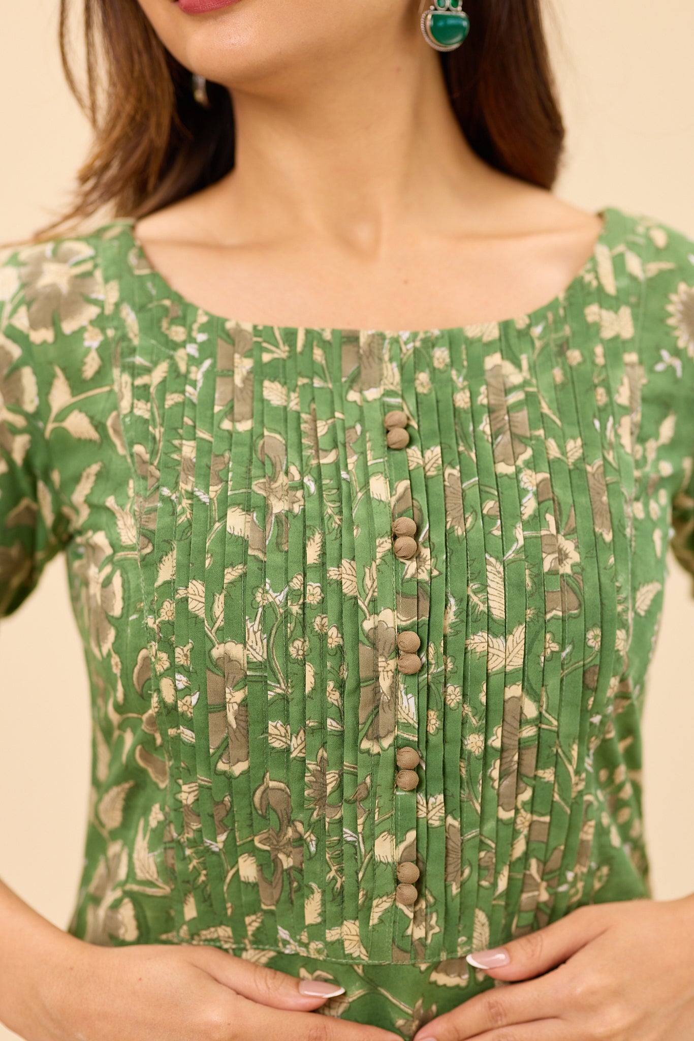 Dusty Green Floral Hand block Printed Cotton Salwar Suit Set