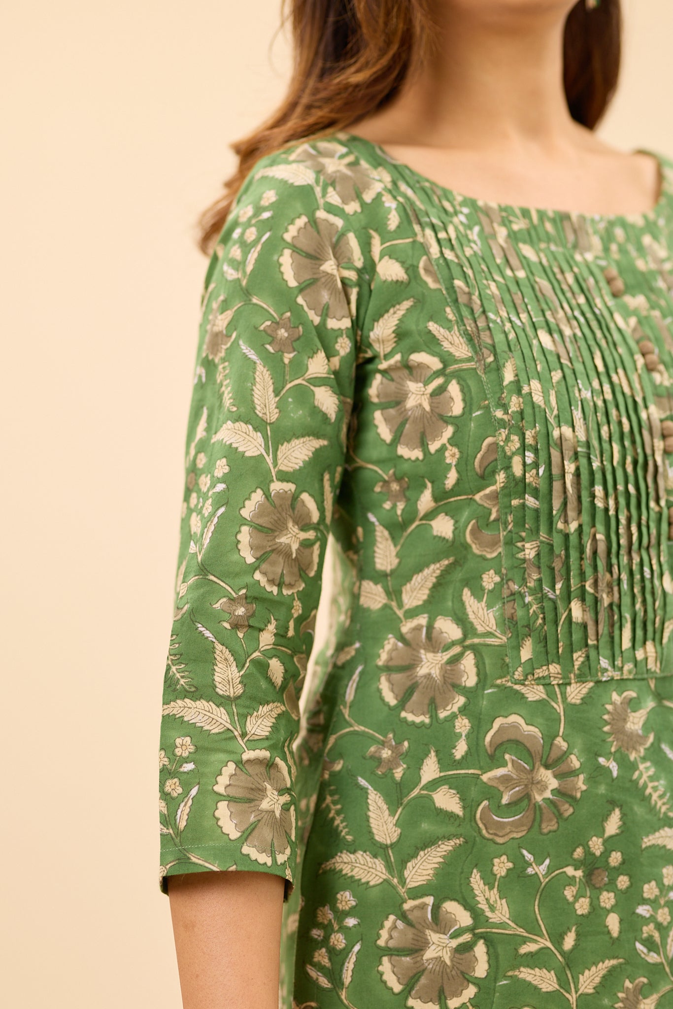 Dusty Green Floral Hand block Printed Cotton Salwar Suit Set