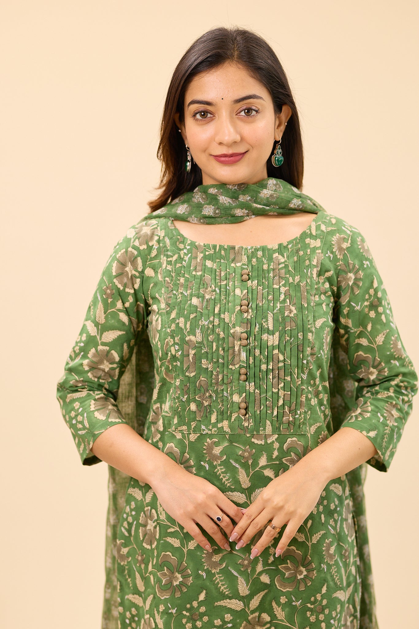 Dusty Green Floral Hand block Printed Cotton Salwar Suit Set