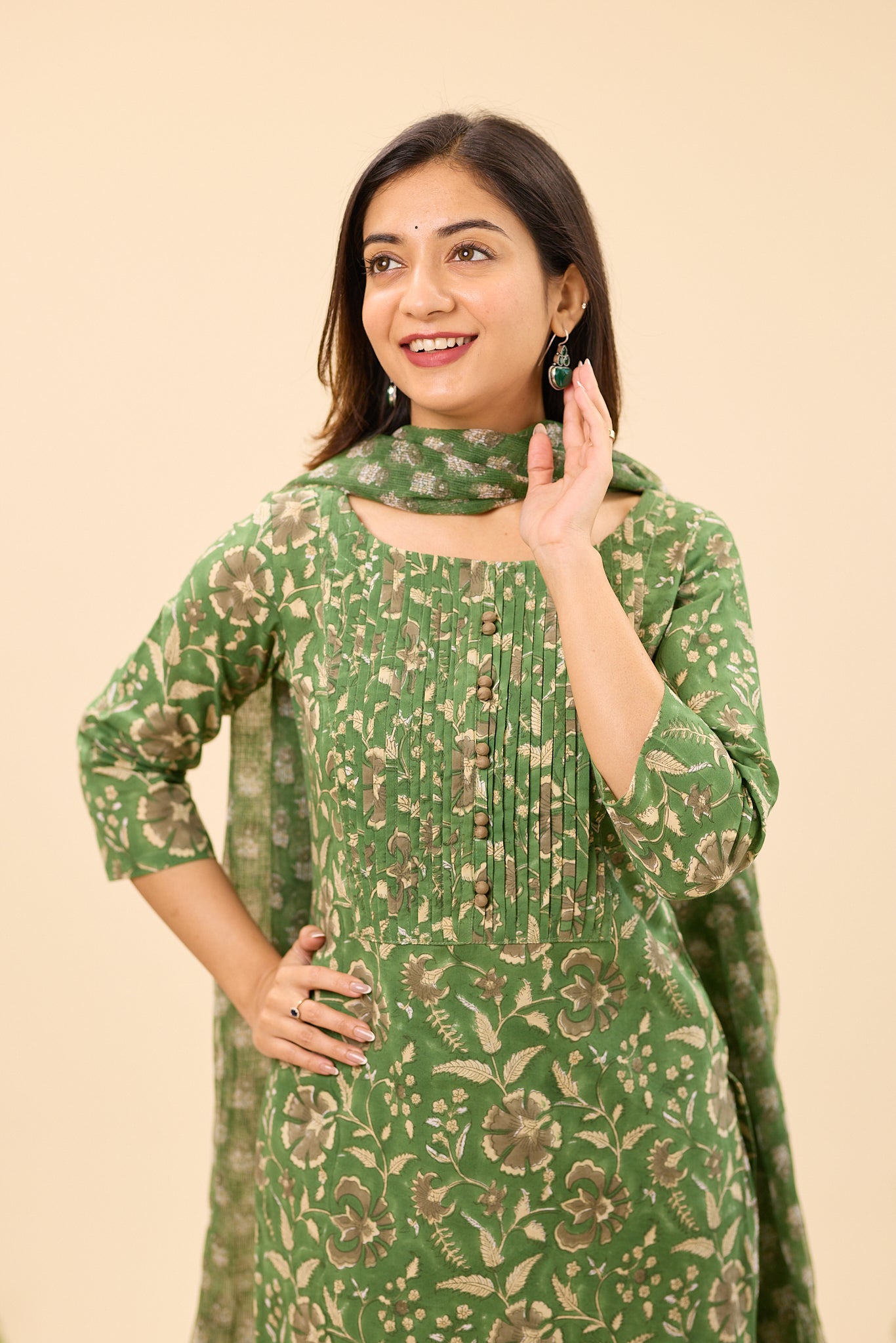 Dusty Green Floral Hand block Printed Kota Dupatta