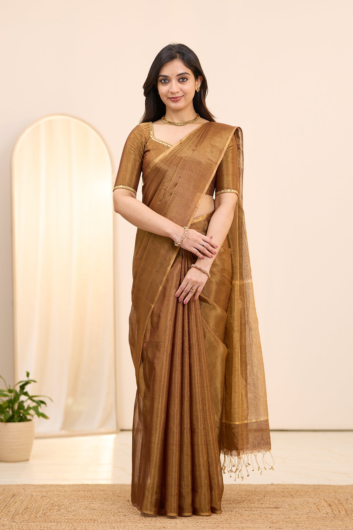 Bronzed Twilight Maheshwari Tissue Silk Cotton Saree