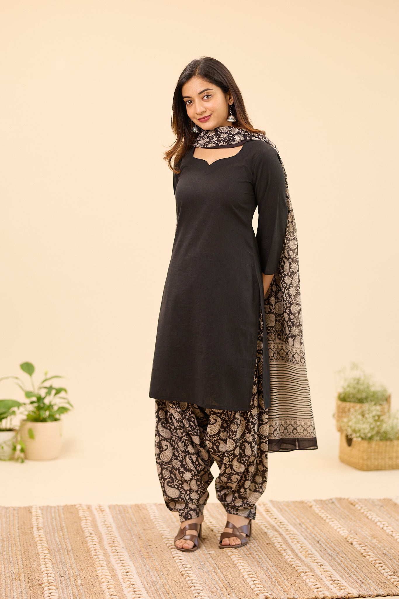 Black Bagru Block Printed Patiala Cotton Salwar Suit Set