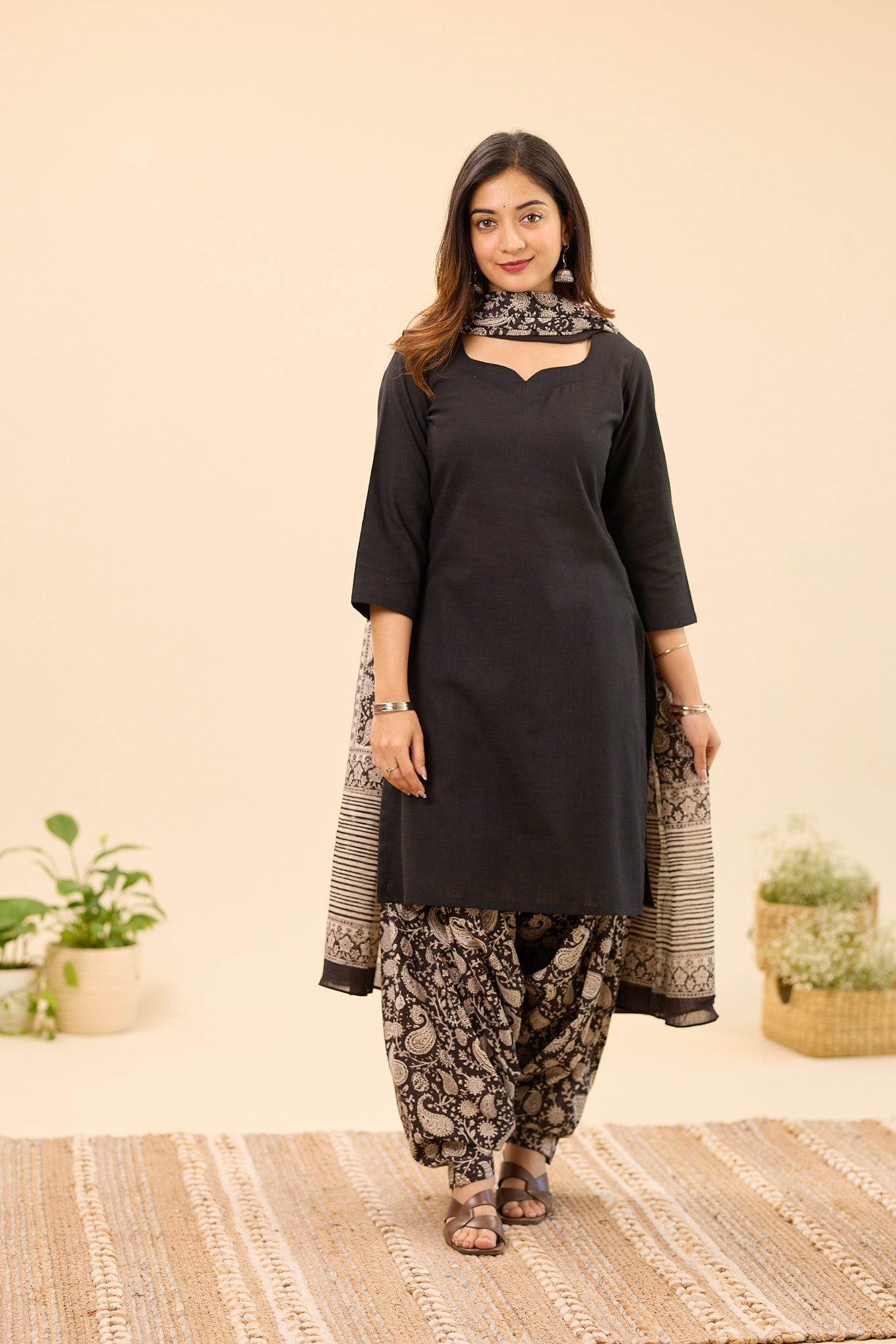 Black Bagru Block Printed Patiala Cotton Salwar Suit Set