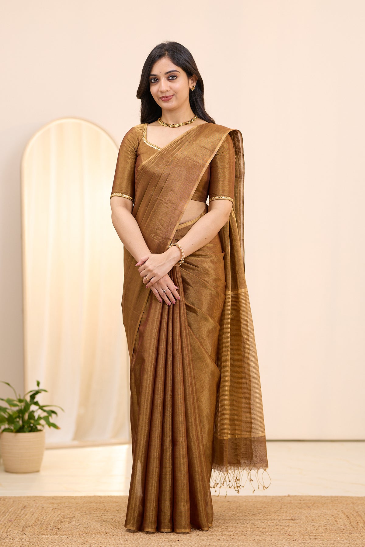 Bronzed Twilight Maheshwari Tissue Silk Cotton Saree