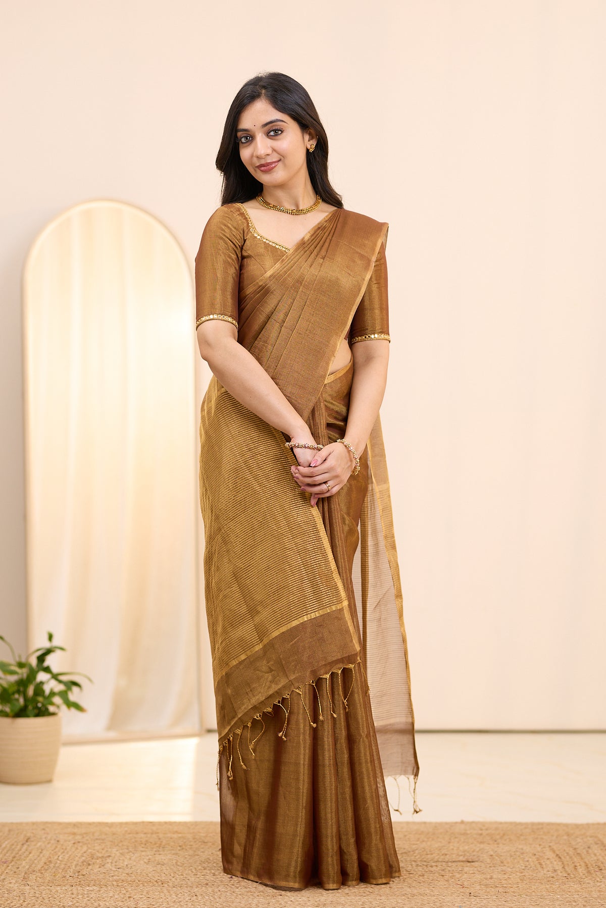 Bronzed Twilight Maheshwari Tissue Silk Cotton Saree